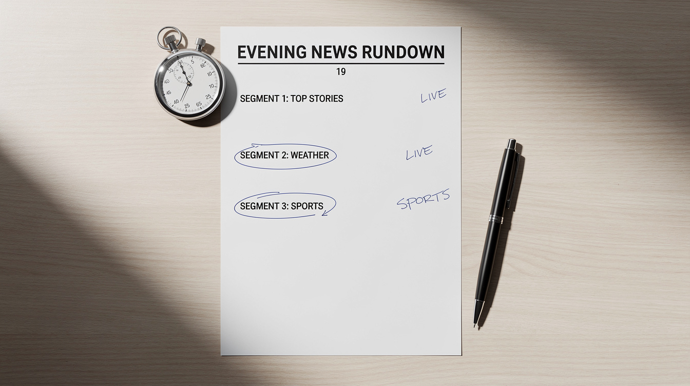 Printed news rundown sheet and pen on a light table