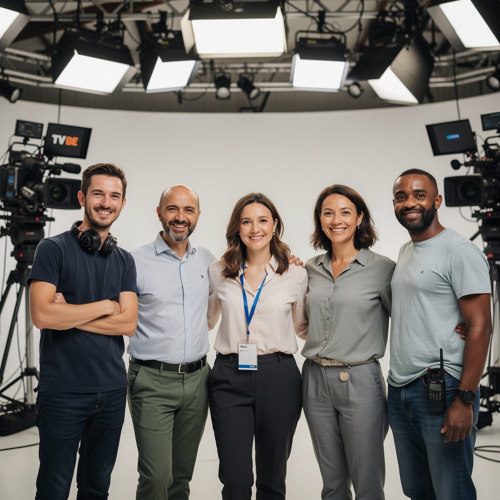 Newsroom production team standing together in a studio