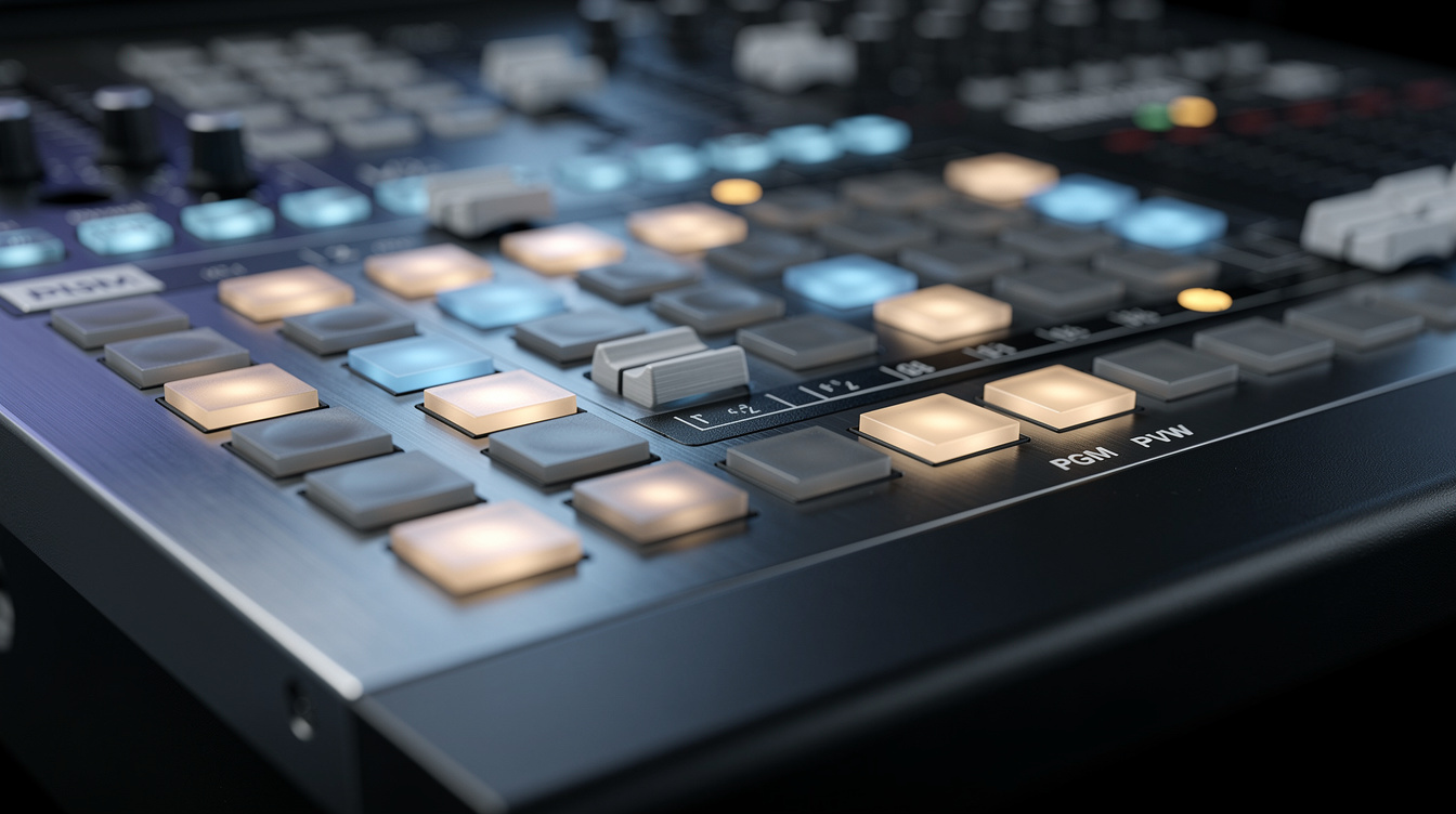 Close-up of a professional broadcast video switcher panel