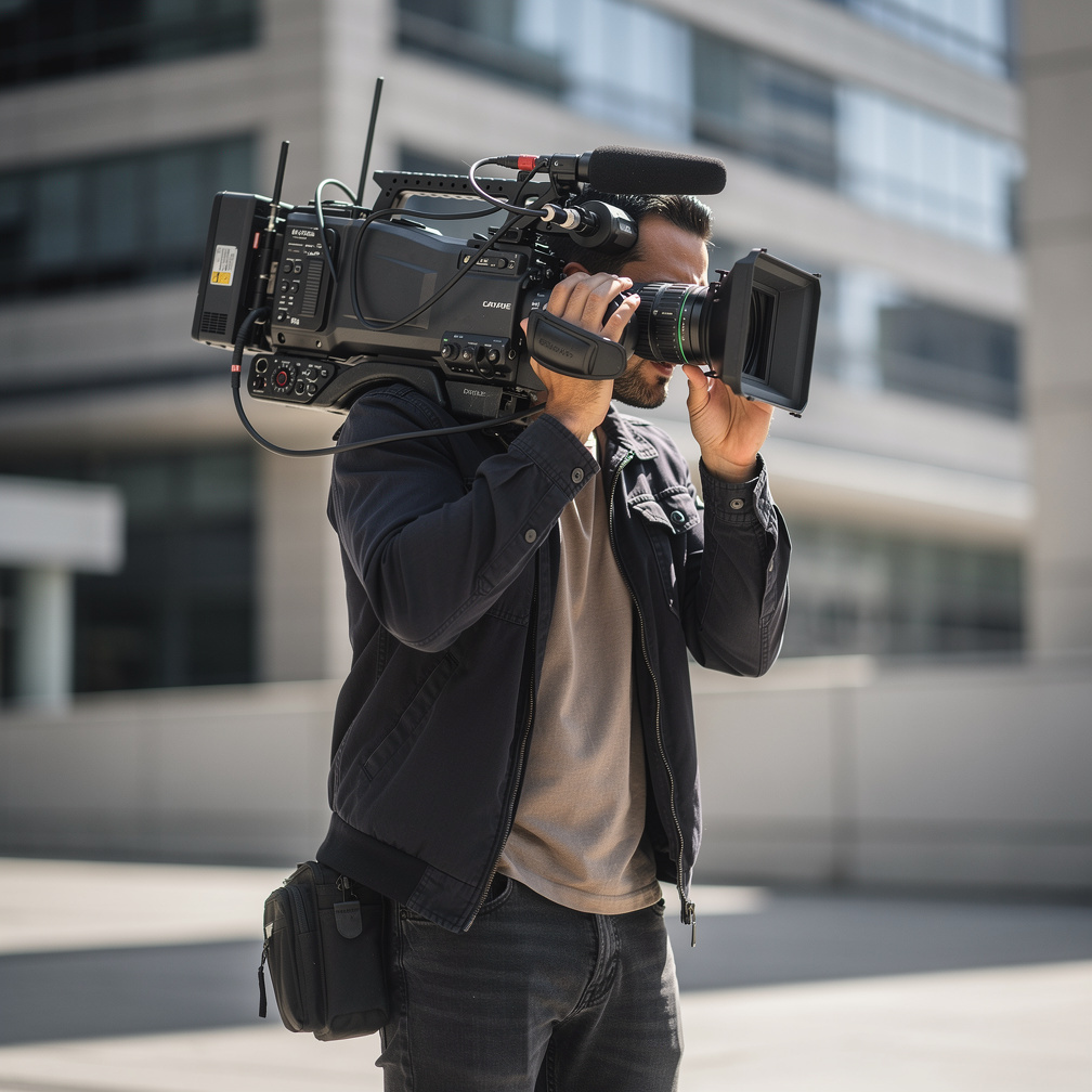 Camera operator filming with a mobile shoulder camera on location