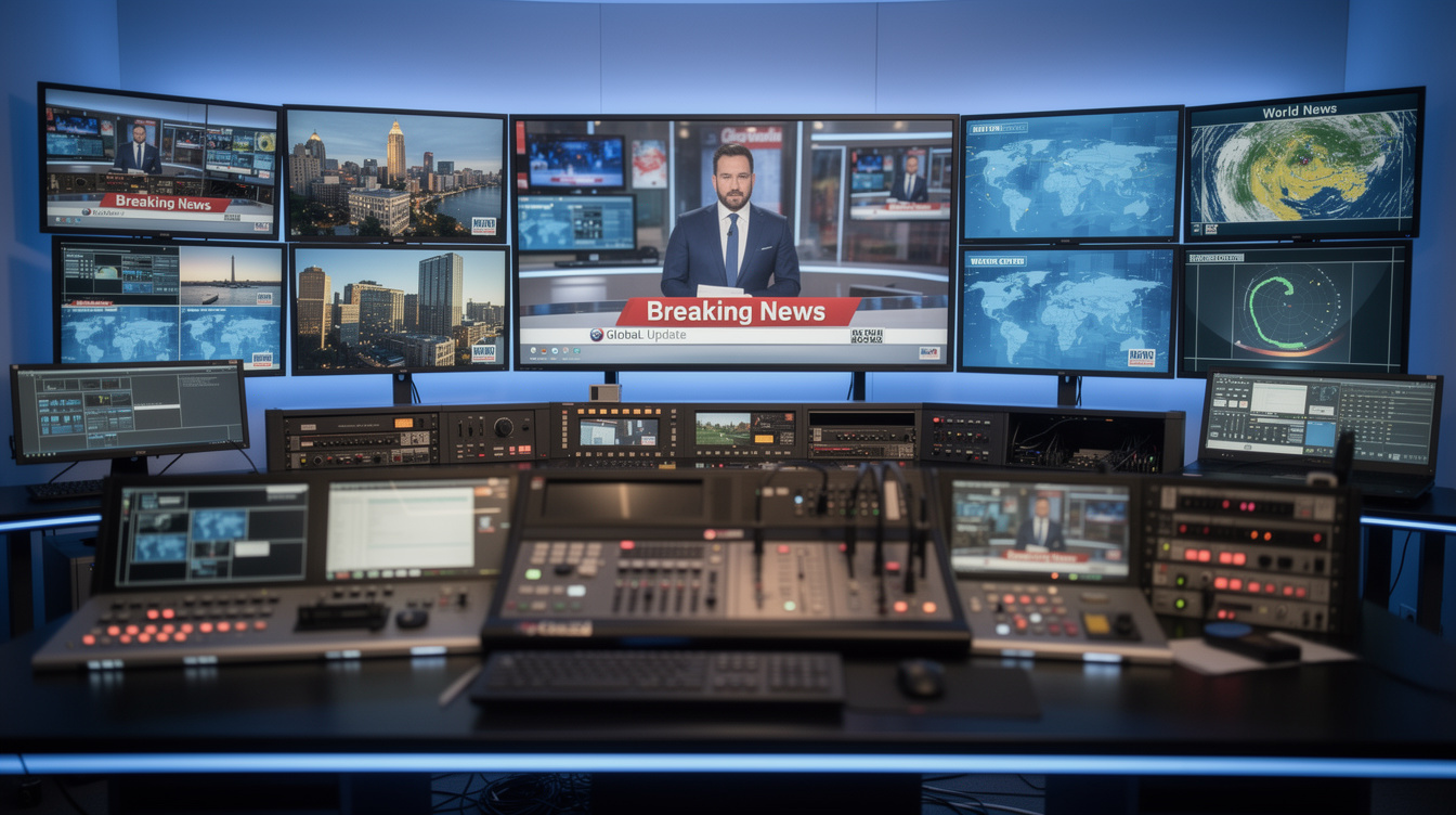 Newsroom control room with multiple broadcast monitors