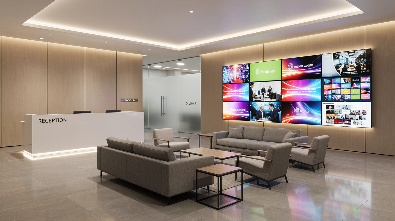 Modern television studio reception area with soft lighting