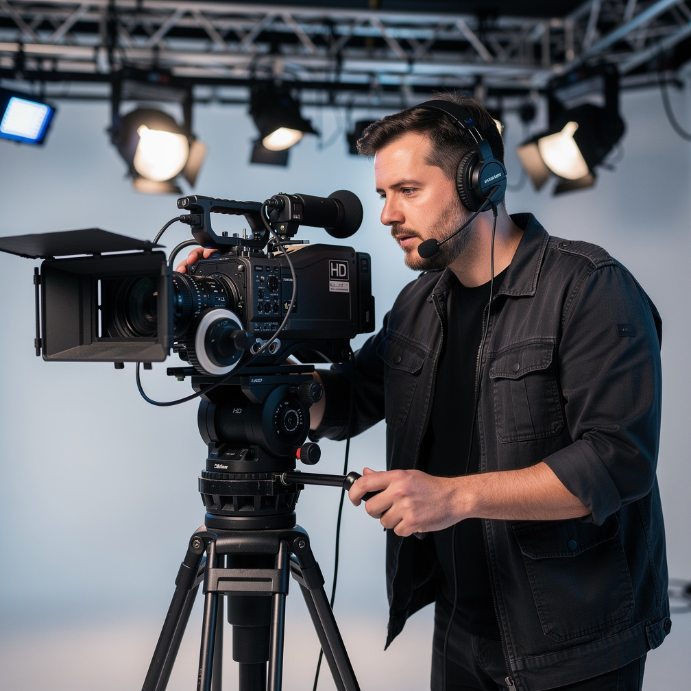 Camera operator adjusting a studio broadcast camera