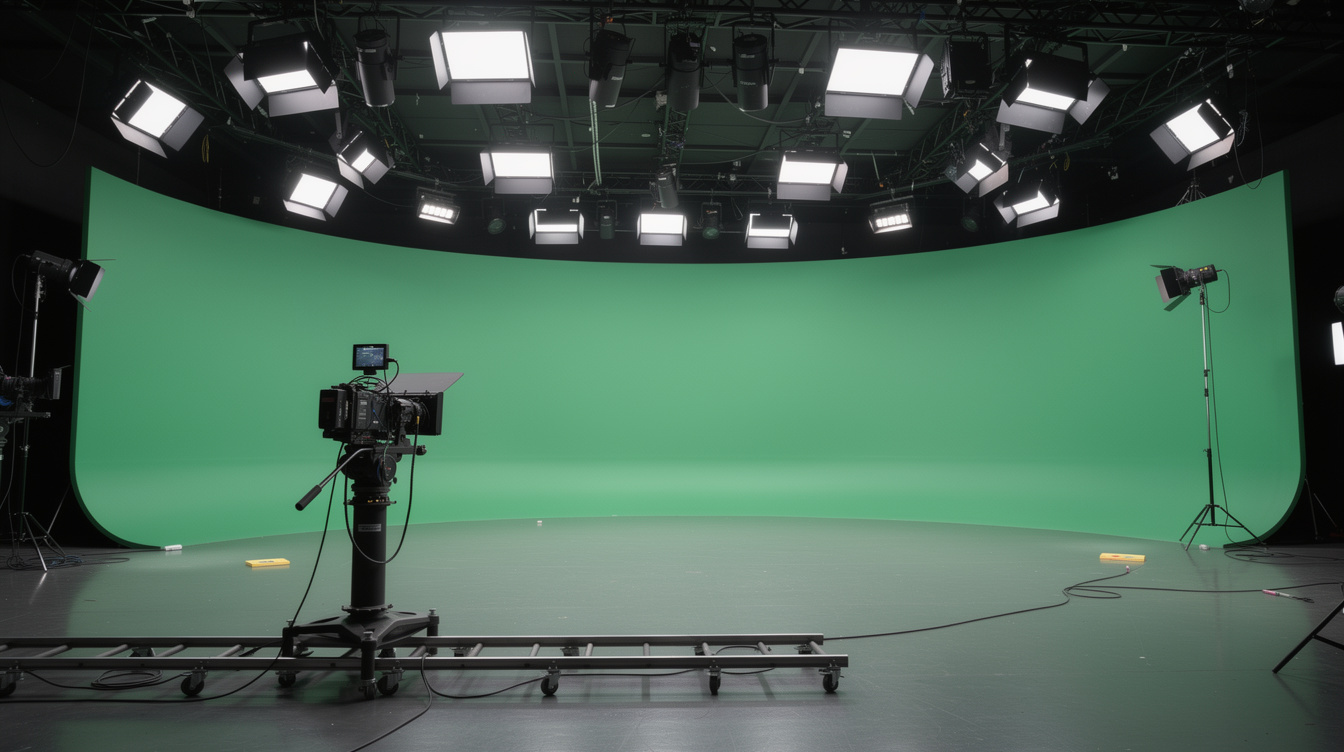 Virtual studio set with green screen and lighting
