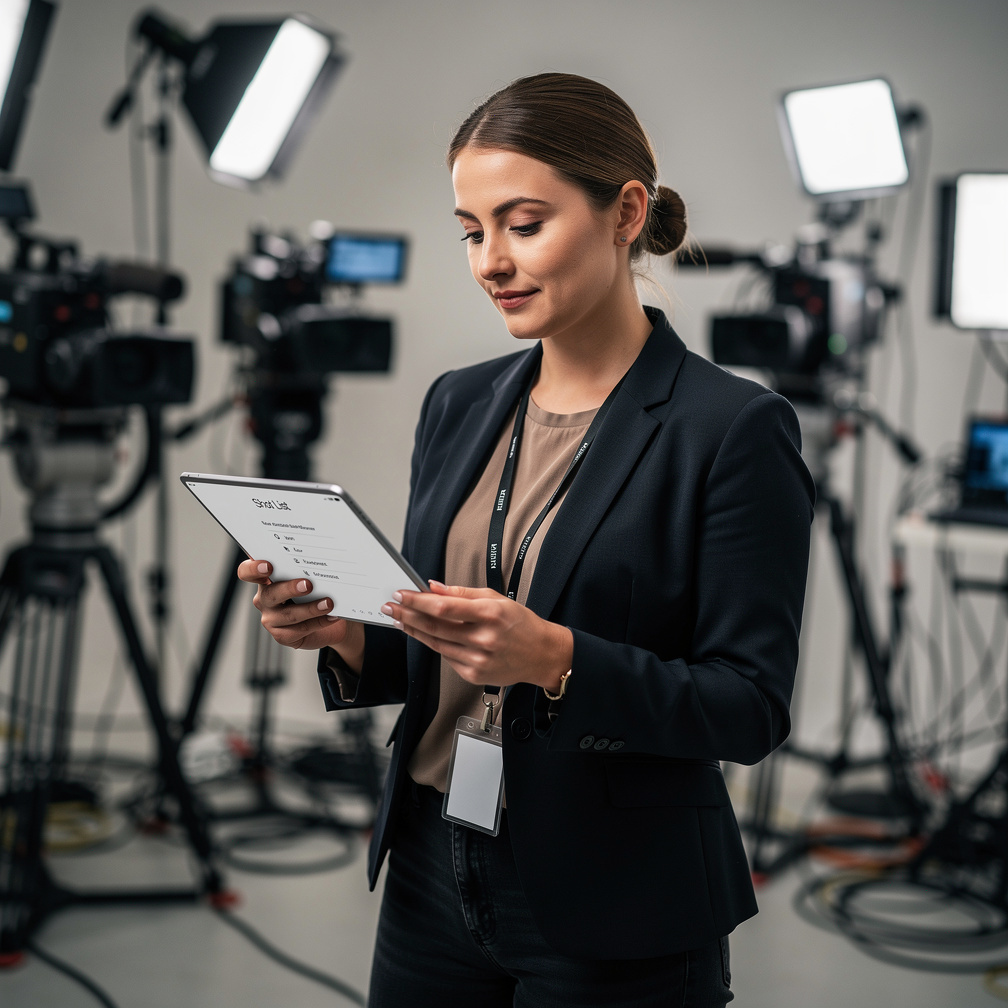 Producer reviewing a shot list on a tablet in a studio